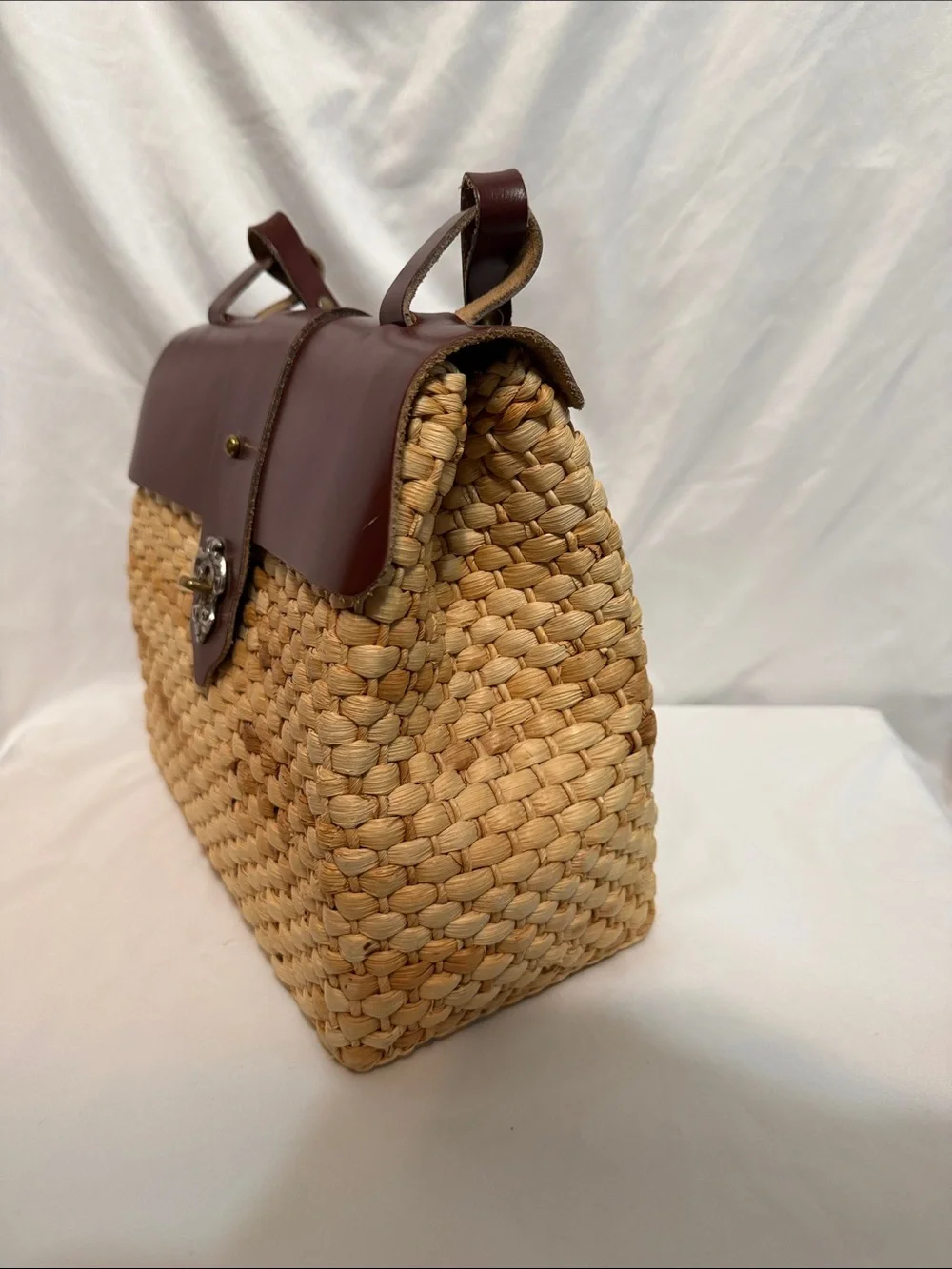Woven Straw Tote with Brown Leather Top and Strap